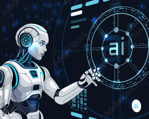 Vector illustration of a robot interacting with a holographic interface. The robot should have a modern design with elements that resemble digital circuits and neural networks