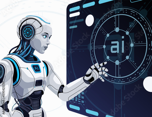 Vector illustration of a robot interacting with a holographic interface. The robot should have a modern design with elements that resemble digital circuits and neural networks