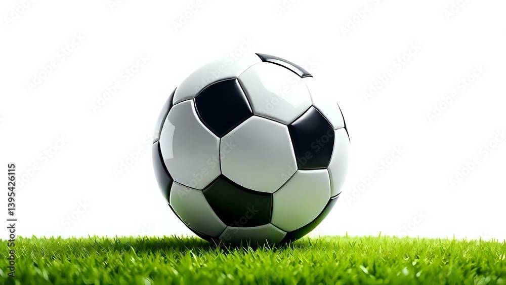 Fototapeta premium A Classic Soccer Ball on Fresh Green Grass, Isolated on a White Background, Perfect for Sports Designs, Football Themes, or Adding an Energetic Touch to Creative Projects Celebrating the Game of Socce