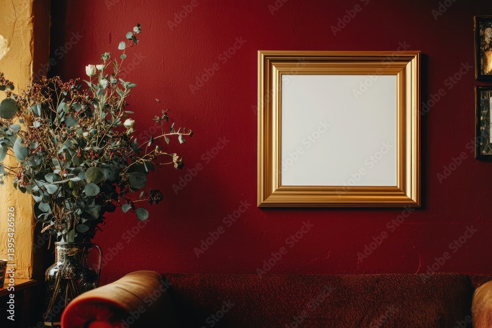 A square gold frame with beveled edges, placed low on a deep red wall, adding warmth and luxury to the setting.