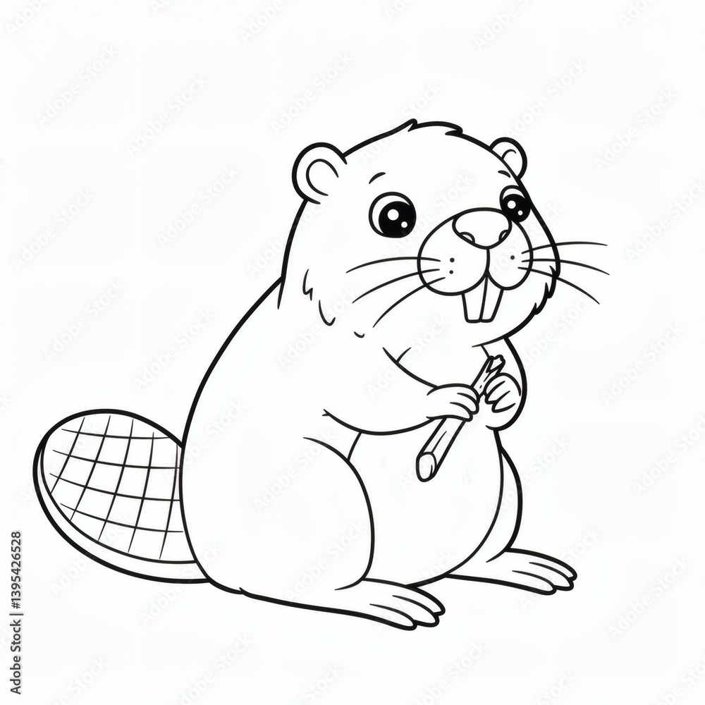 Fototapeta premium Beaver cartoon outline isolated on white background - for coloring page