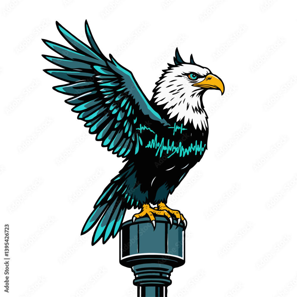 Fototapeta premium majestic bald eagle perched on flagpole in bold teal and yellow high-quality vector art