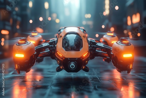 Futuristic Orange Drone Hovering in a City