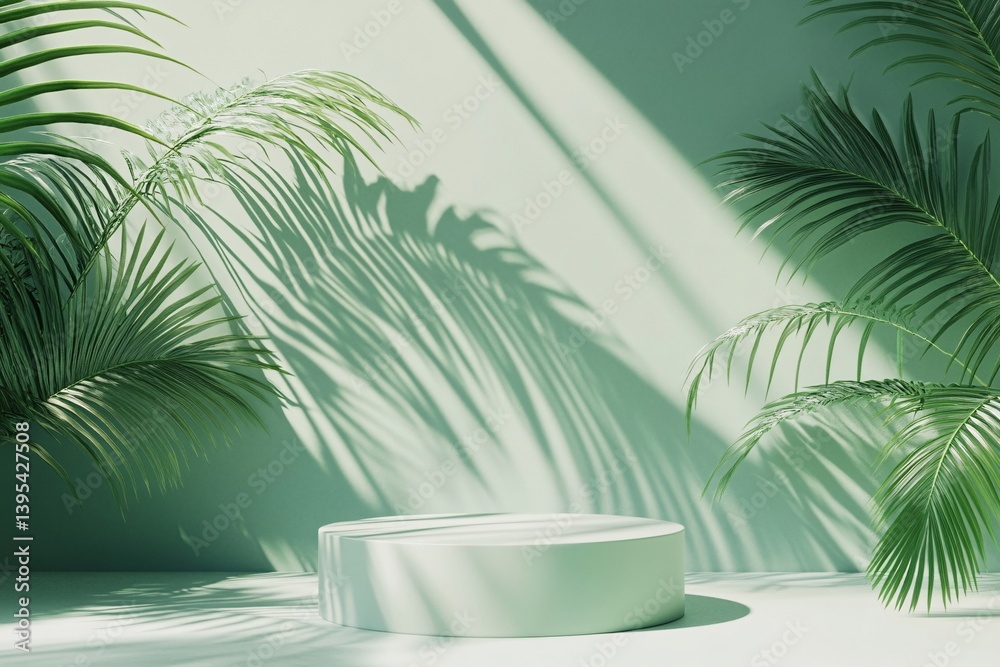 Serene sanctuary: a minimalist oasis of calm, bathed in soft sunlight filtering through lush palm fronds casting gentle shadows. Serene sanctuary: a minimalist oasis of calm, bathed in soft sunlight filtering through lush palm fronds casting gentle shadows.
