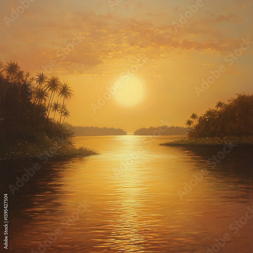 Behold resplendent allure of an oasis, as ethereal radiance of rising sun casts its golden glow upon horizon, illuminating serene waters and evoking a profound sense of rejuvenation and fresh starts