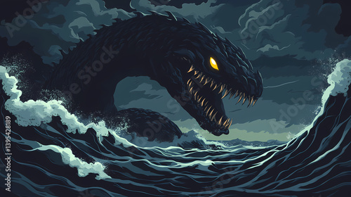 A chilling scene of an ocean at night under a stormy sky where the silhouette of a massive evil sea monster lurks beneath the waves horror palpable in the air. Chilling Undertow. Illustration