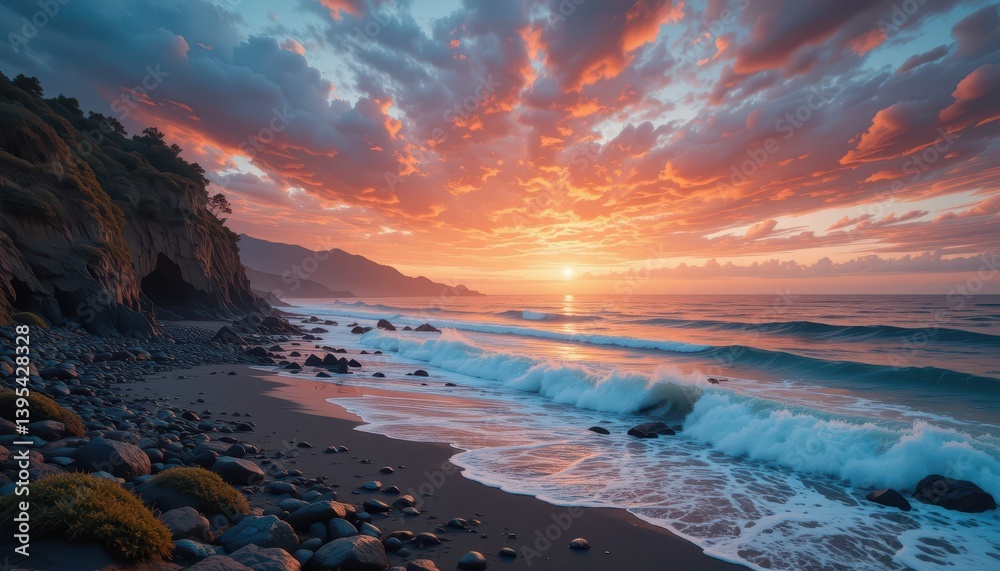 Obraz premium Breathtaking Sunset Over Serene Beach with Rocky Shoreline