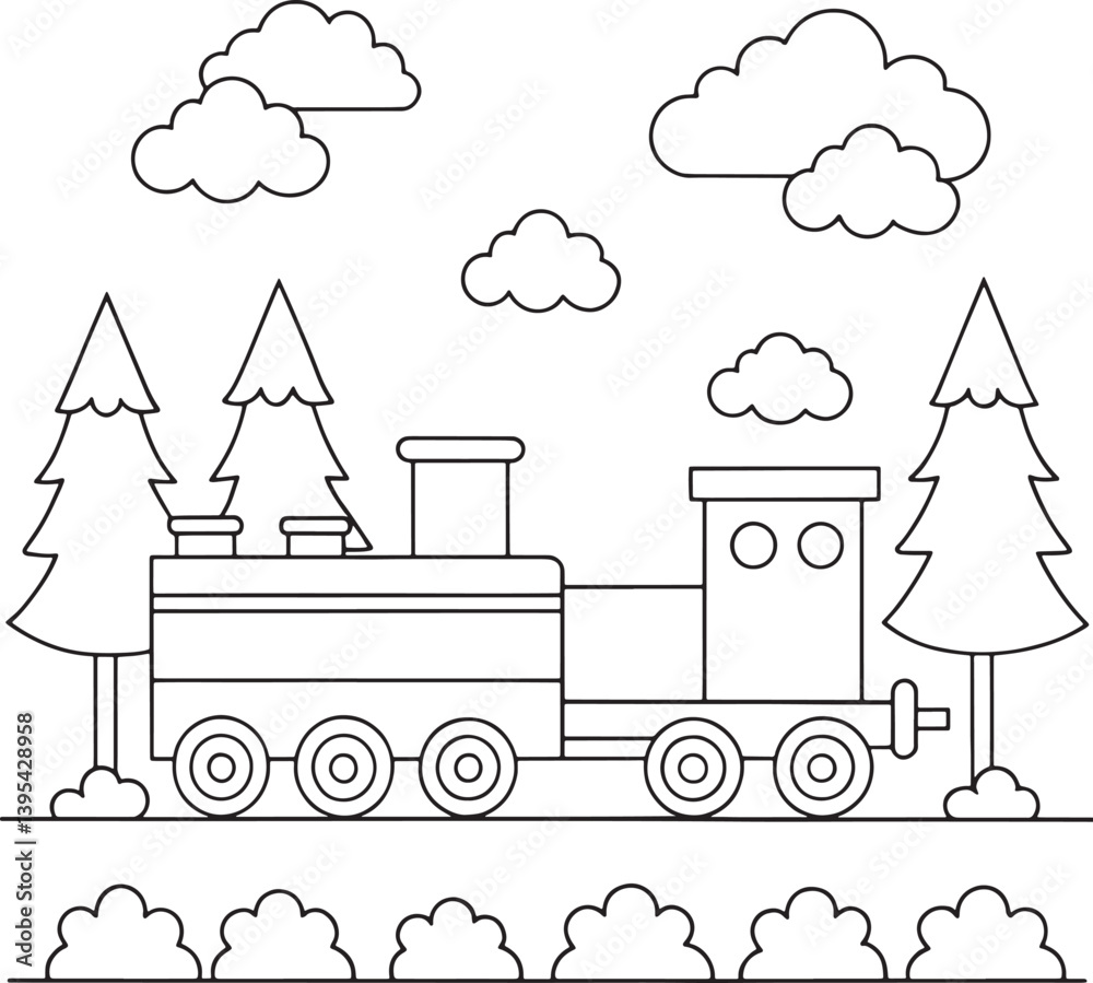 Naklejka premium a train travels through a forest with trees and clouds