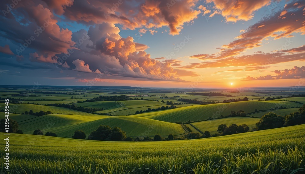 Obraz premium Serene Sunset Over Rolling Green Hills Beneath Dramatic Sky
