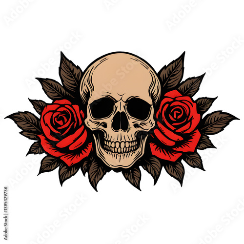 Woodcut tattoo illustration of a Skull surrounded by roses isolated on a background