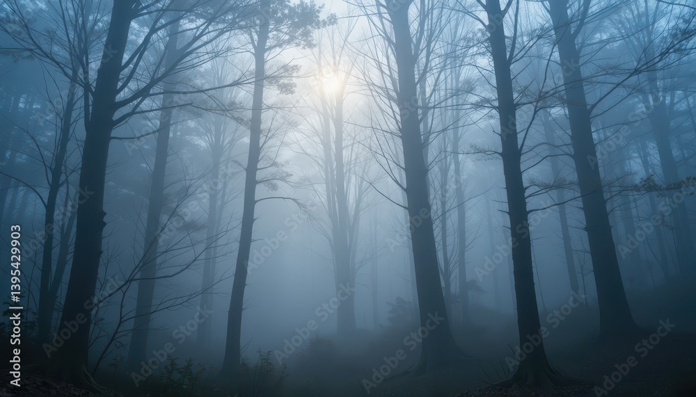 Fototapeta premium Mysterious Foggy Forest Landscape with Silhouetted Trees at Dawn