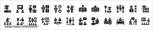 Business education icon set. Business employee coaching icons. Contains symbol of management, training, mentoring, expert, qualification, qualified worker, learning, selection. Vector illustration