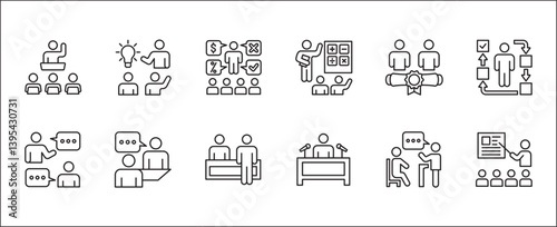 Business training icon set. Business coaching and education icons. Contains symbol of management, lecture, mentoring, expert, qualification, qualified worker, learning, selection. Vector illustration