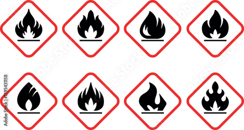 Fire icon set flames flammable sign symbol black vector buttons light ignite burn hot silhouette