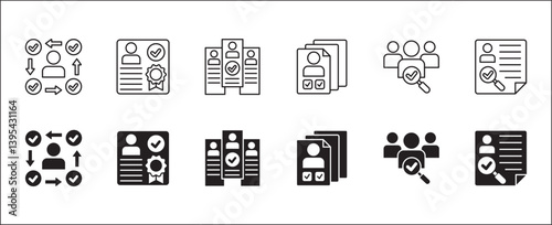 Business employee selection icon set. Professional worker qualification icons. Contains symbol of management, lecture, mentoring, expert, qualified worker, learning, selection. Vector illustration