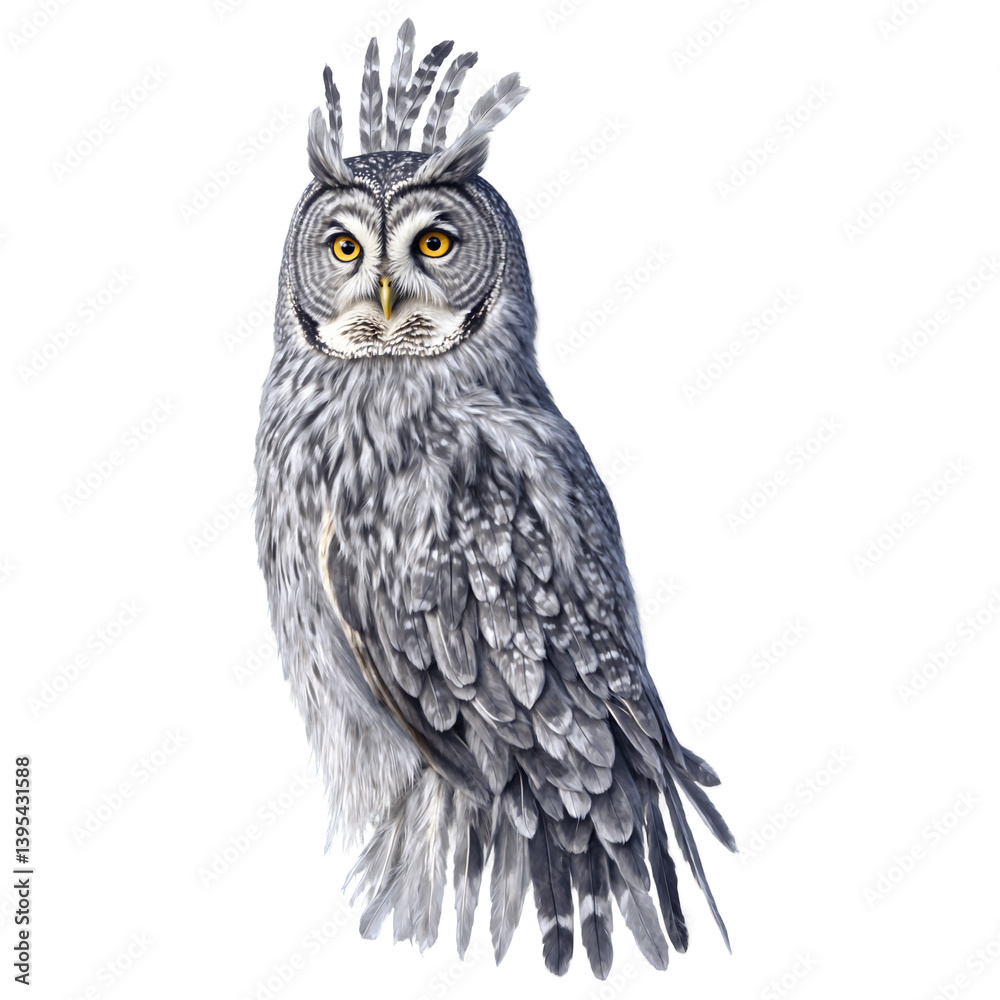 Fototapeta premium Gray owl feathers 3d art illustration transparent background isolated png stock