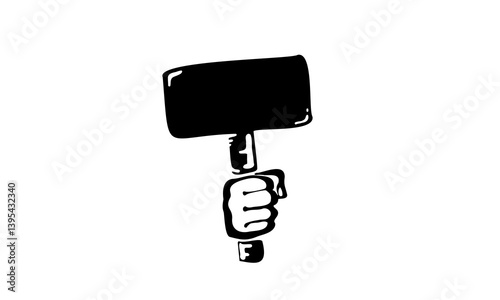 A man's hand holds a poster on a white background. People are against violence, discrimination, and human rights.  Vector graphics