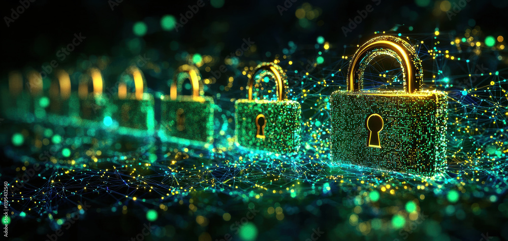 Digital locks illuminated by vibrant green and gold lights, symbolizing data protection and privacy in modern, interconnected world