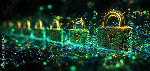 Obraz na płótnie Digital locks illuminated by vibrant green and gold lights, symbolizing data protection and privacy in modern, interconnected world w salonie