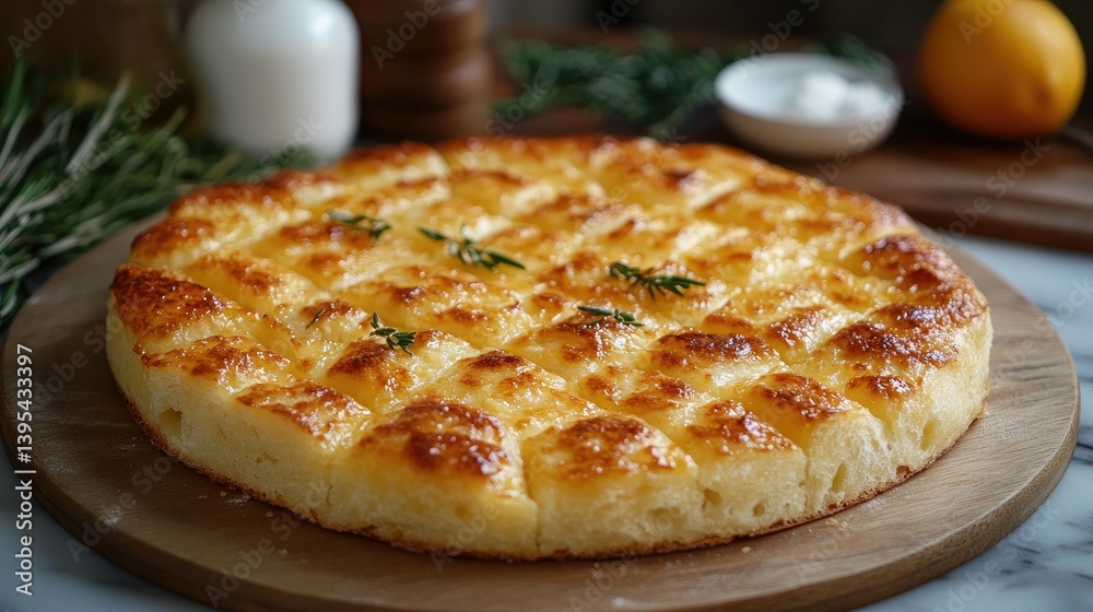Golden Focaccia: An inviting close-up of freshly baked focaccia bread, its golden crust glistening under the light, evokes warmth, and promises a symphony of flavors. Golden Focaccia: An inviting close-up of freshly baked focaccia bread, its golden crust glistening under the light, evokes warmth, and promises a symphony of flavors.