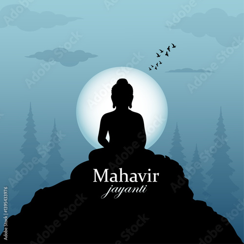 Serene Mahavir Jayanti with Buddha Silhouette and Moonlit Landscape
