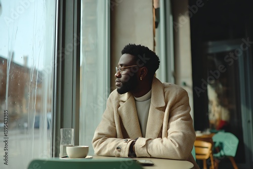 A pensive young Black man sits at a cafe window gazing outside lost in thought