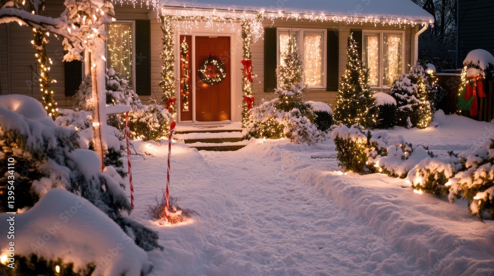 Fototapeta premium Snowy Christmas Home Exterior with Festive Lights