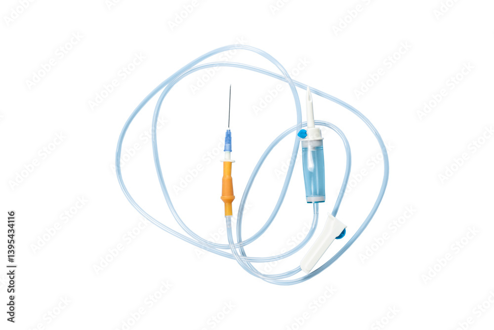 Dropper with sharp needle and tube regulator on isolated white background.