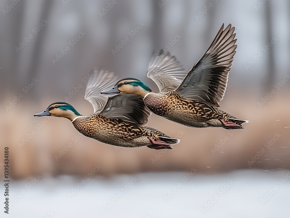 Obraz premium Ducks in Flight, Winter Scene