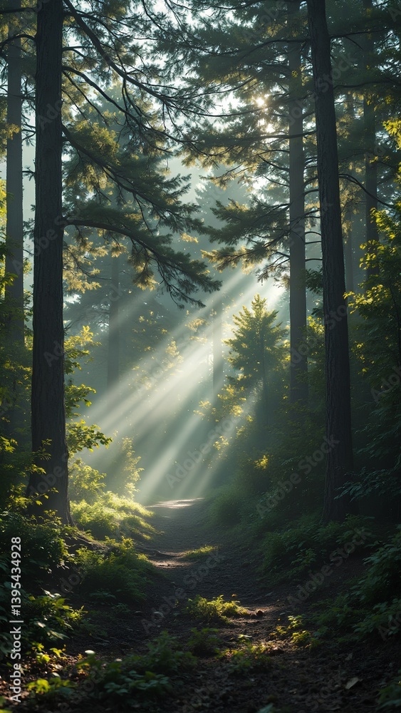 Fototapeta premium Ethereal Forest with Sunbeams Filtering Through Tall Trees
