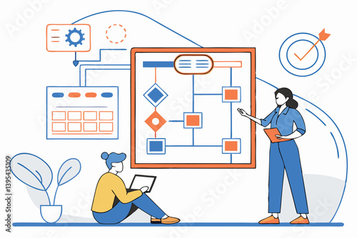 Workflow Process Flowchart Illustration – Teamwork, Project Management, Business Analysis, Flat Design Vector Concept.