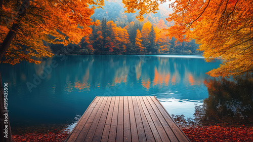 Serene autumnal lake reflecting vibrant foliage, a wooden dock invites quiet contemplation under a canopy of fiery orange and gold leaves.