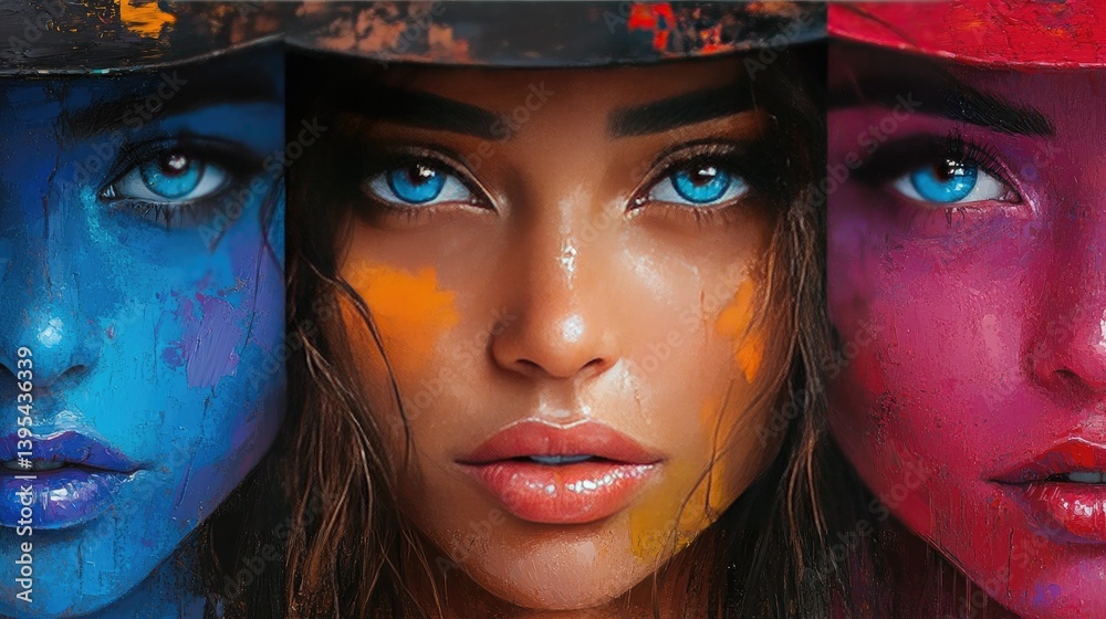 Fototapeta premium Chromatic Portrait: A captivating portrait of a woman, split into three segments, each featuring a striking color palette, showcasing the multifaceted beauty and the artistry.