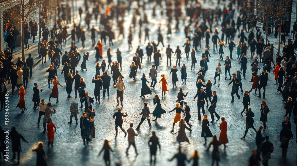 Obraz premium A vibrant crowd of diverse people joyfully dance and interact together outdoors on a sunny day in a bustling city square creating a lively urban scene.
