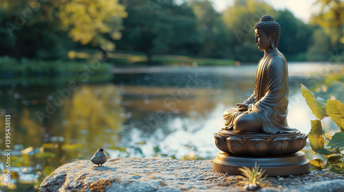 Fototapeta Naklejka Na Ścianę i Meble -  Serene bronze Buddha statue meditates peacefully by a calm lake in a lush green park with a small bird perched nearby at sunset.