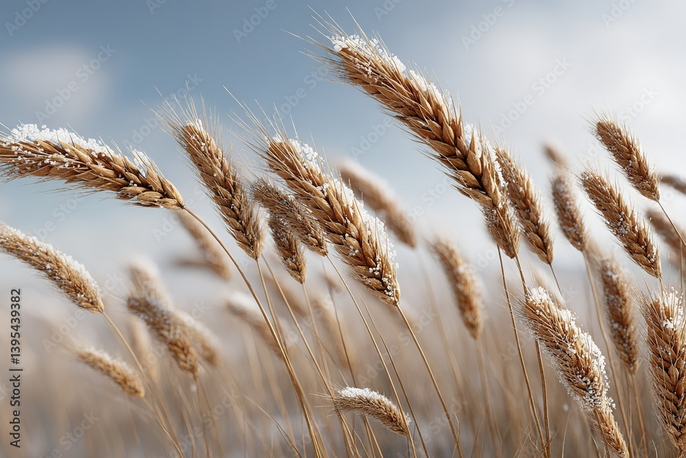 Fototapeta premium Golden wheat swaying gently in the breeze under a clear blue sky during early morning