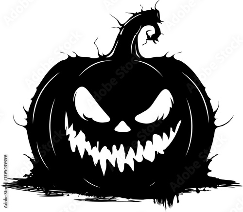 Black spooky pumpkin silhouette with menacing grin and sharp teeth on white background. Halloween horror concept with eerie and creepy design