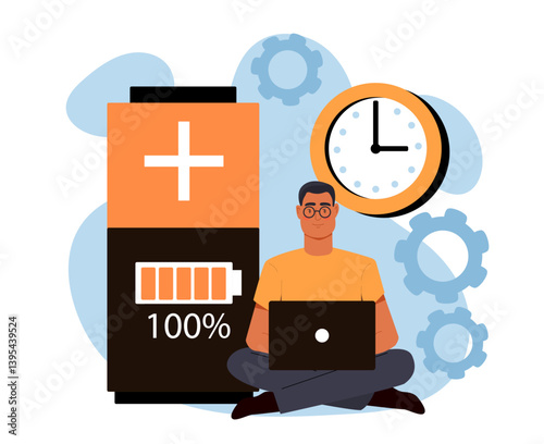 Man recharged and productive at work. Vector illustration