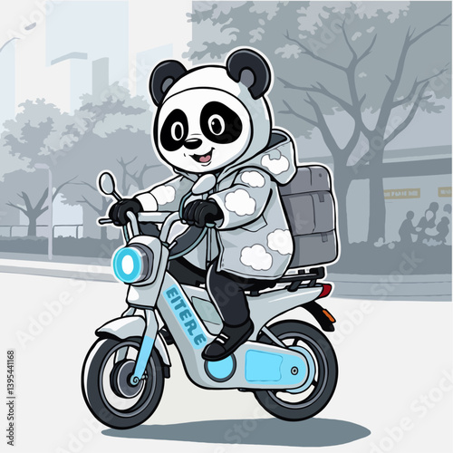 panda mascot delivering food on electric scooter in cityscape high-quality vector art