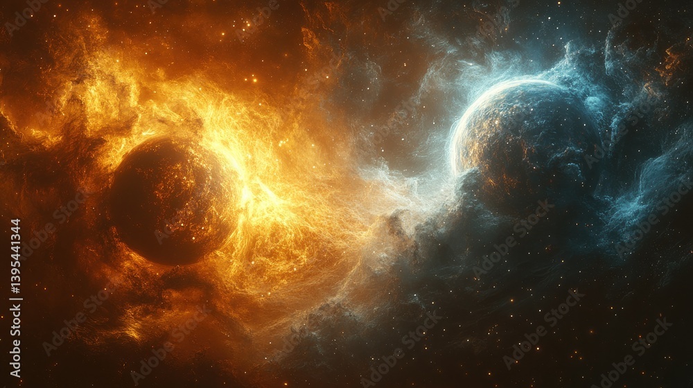 Fototapeta premium Celestial Fusion: An awe-inspiring cosmic vista showcasing two celestial bodies in a breathtaking display of fire and ice, merging in a surreal dance of color and light.
