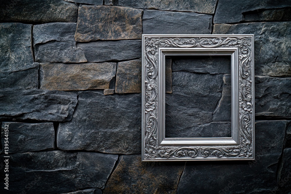 A thick silver frame with embossed details, placed asymmetrically on a dark stone wall, standing out with a blend of elegance and texture.