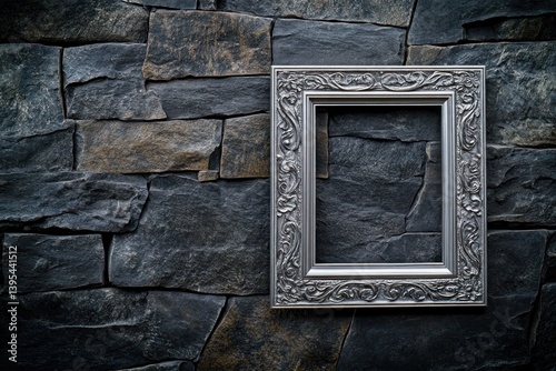 Obraz na płótnie A thick silver frame with embossed details, placed asymmetrically on a dark stone wall, standing out with a blend of elegance and texture. w salonie