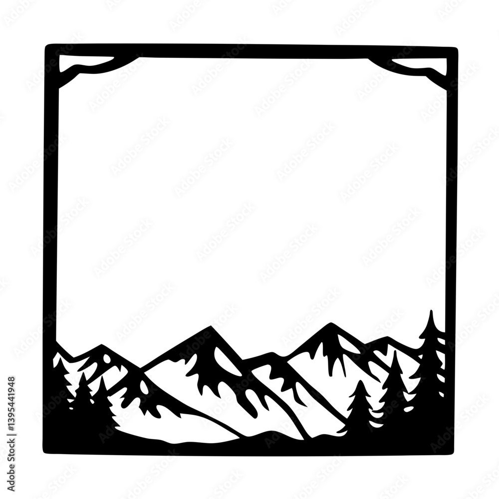 Fototapeta premium Black and White Mountain Range Landscape in a Square Frame Illustration Graphic Design