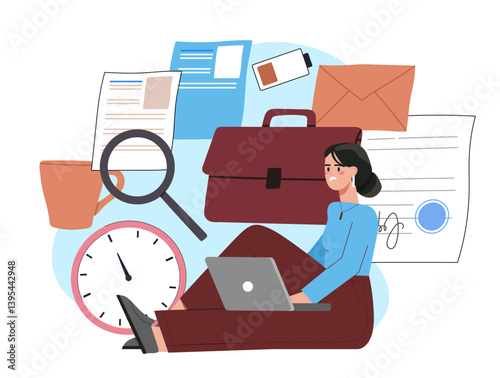 Tired woman with office workload stress. Vector illustration