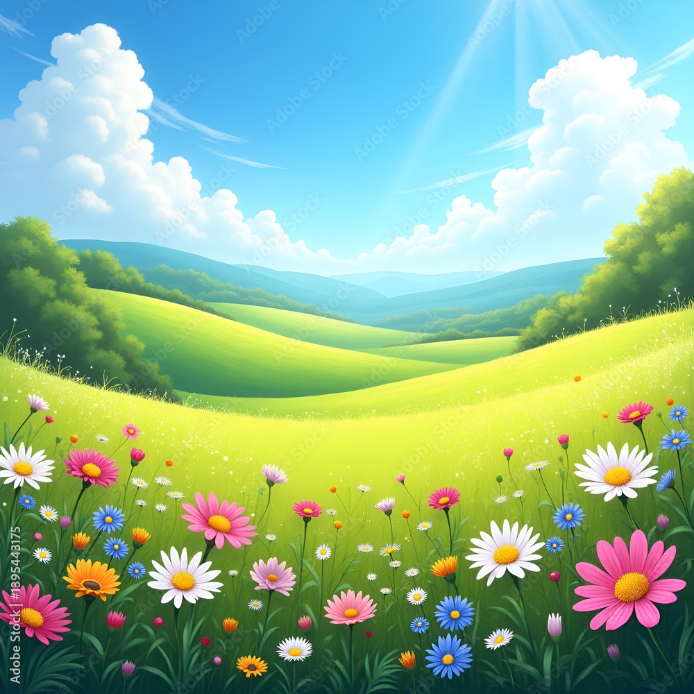 Fototapeta premium Peaceful Flower Field with Sunshine and Clouds