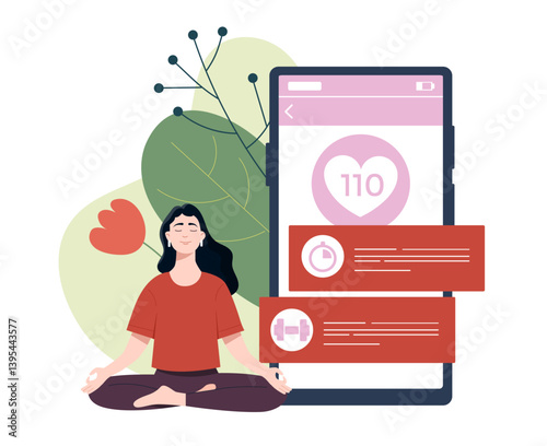 Woman meditating with fitness app screen. Vector illustration