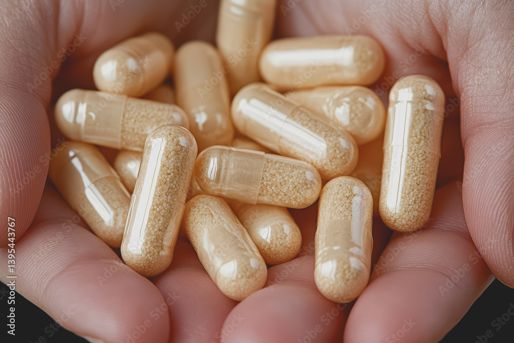 Hands gently touching a small capsule filled with natural health-promoting ingredients. Hands gently touching a small capsule filled with natural health-promoting ingredients.