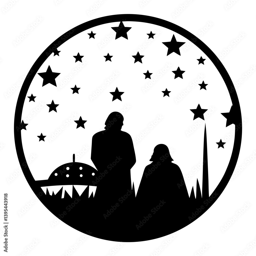 Star Wars Silhouette Under a Night Sky with Spaceship and Buildings