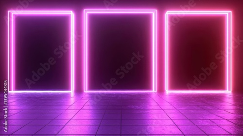 Three neon light frames on dark floor.