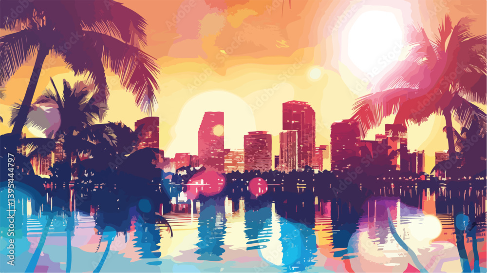Obraz premium Vibrant Miami Design Vector Illustration on Blur Background for Creative Projects